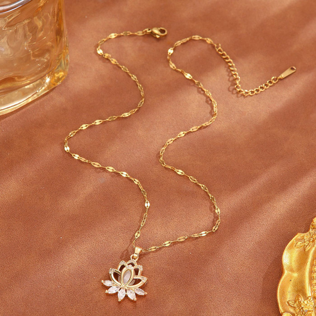 Hollow Lotus Pink Cat's Eye Diamond Collarbone Necklace, 14K Gold Plated Shimmer Fish Scale Dainty Floral Necklace