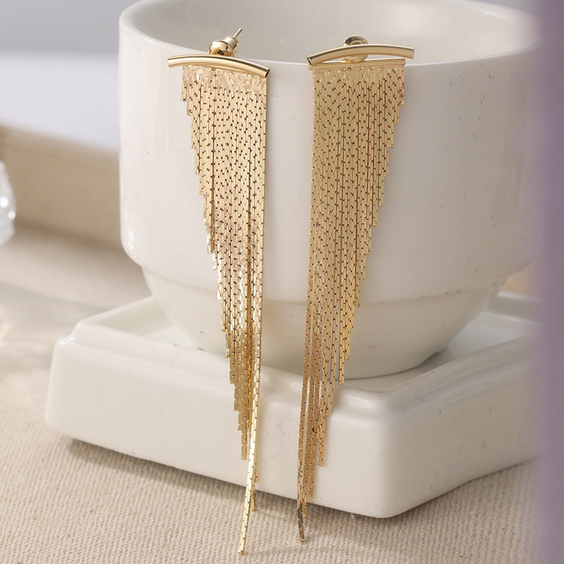 Luxury Gradient Long Metal Tassel Earrings, Horizontal Bar Shiny Chain Dangle Stud Earrings, Gold & Silver Evening Statement Jewelry