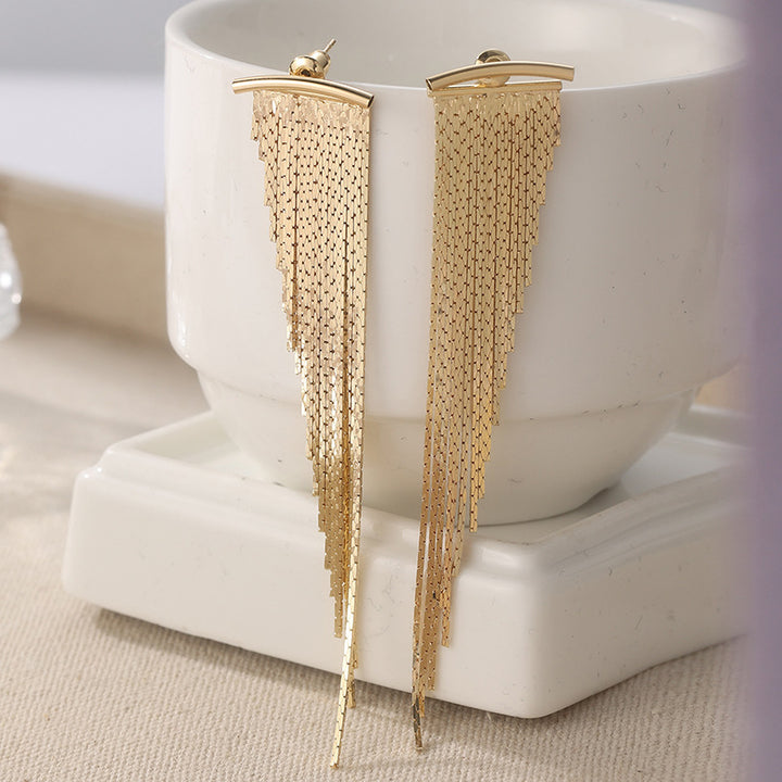 Luxury Gradient Long Metal Tassel Earrings, Horizontal Bar Shiny Chain Dangle Stud Earrings, Gold & Silver Evening Statement Jewelry