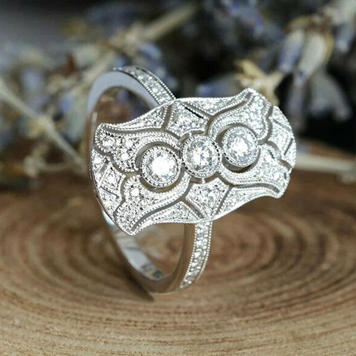 Edwardian Vintage Three-Diamond Openwork Milgrain Wide Ring, Solid S925 Silver Full Pave Antique Engagement Band