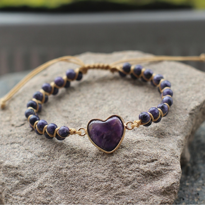 Heart Natural Stone Woven Adjustable Bracelet, Multi‑Color Boho Beaded Bracelet