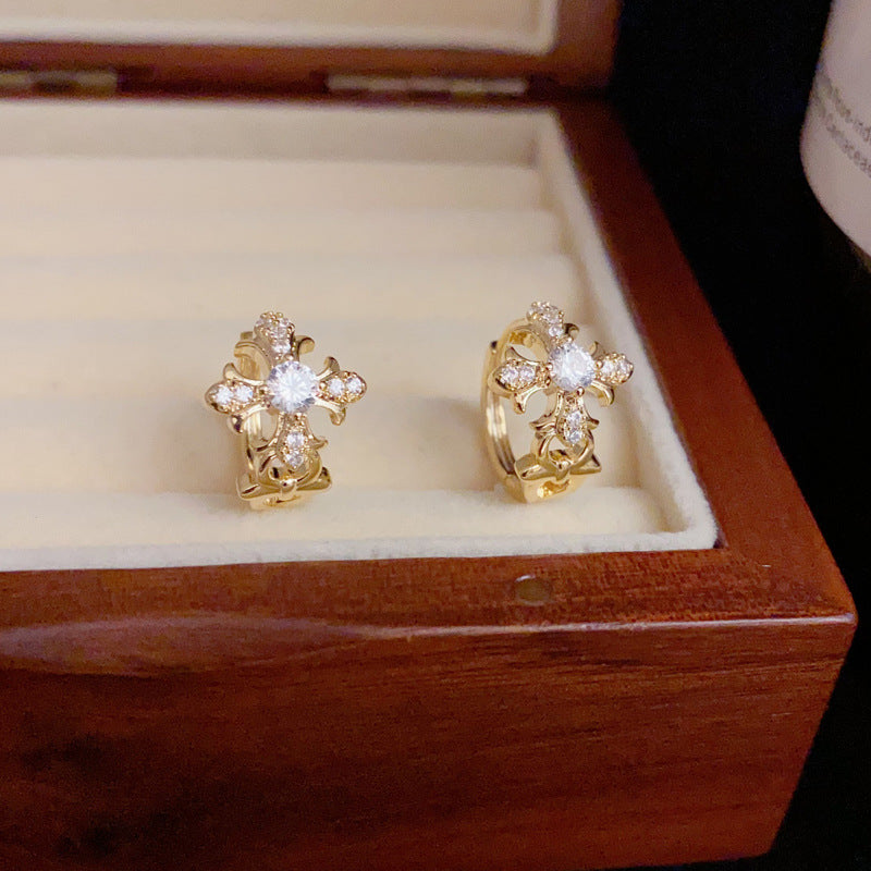 Vintage Cross Pavé Huggie Earring Set (Light Luxury Niche Edgy Earrings)
