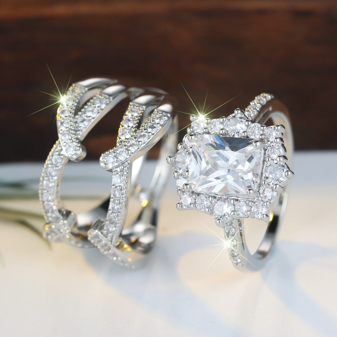 Radiant Cut Rectangle DiamondDouble Stackable Bridal Ring Set, Solid S925 Silver Gold & Silver Two-Tone Pave Crystal Engagement 2-Piece Band