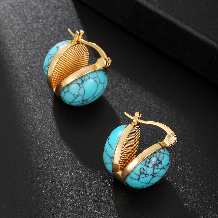 Vintage Veined Turquoise Gold Bezel Hoop Earrings, Two Style Round Cracked Stone Light Luxury Jewelry