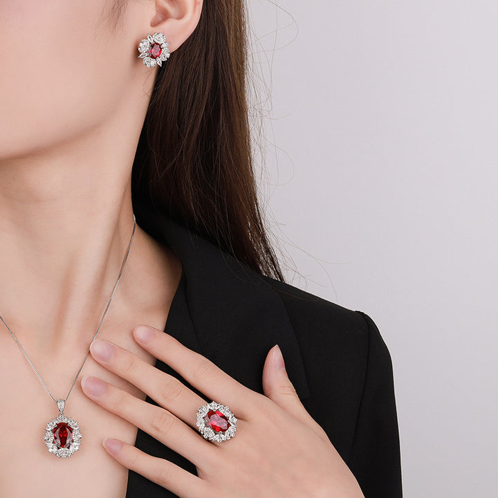 Luxury Ruby Jewelry Set with Halo (Necklace, Ring, Earrings)
