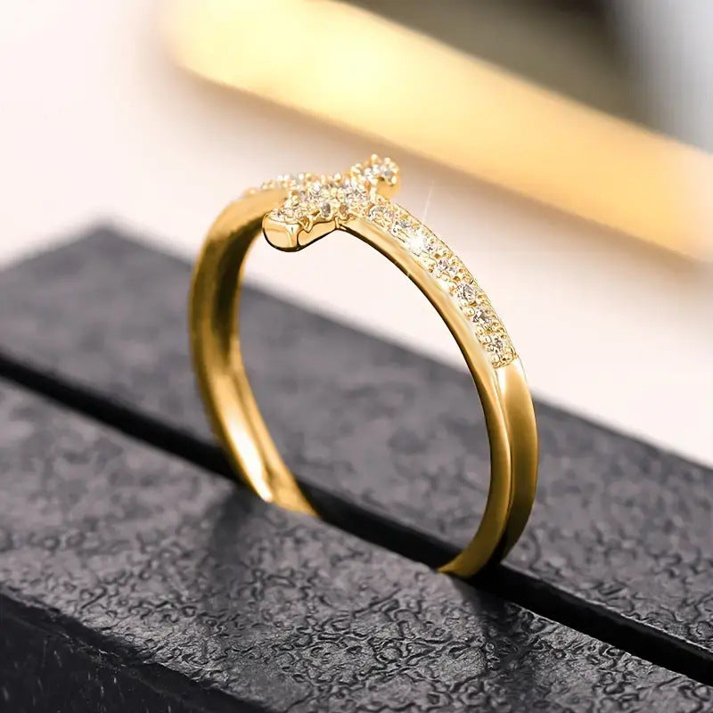 Side Paved Diamond Cross S925 Silver Thin Ring, Minimalist Diamond Band Available in 3 Tones