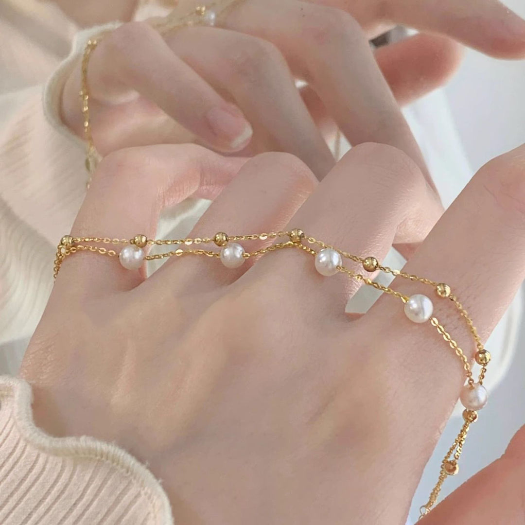 Double Layer Pearl & Beaded Bracelet, S925 Silver Minimalist Fresh Pearl Bracelet for Women, Gold & Silver Two Tones