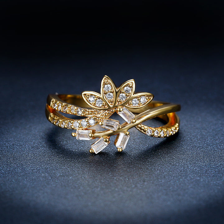 Gold Floral Branch Diamond S925 Silver Ring