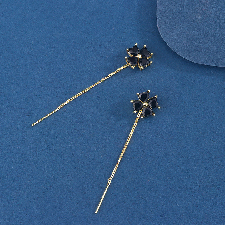 Black Agate Flower Threader Earrings (Vintage Gold Tone Drop Dangles)