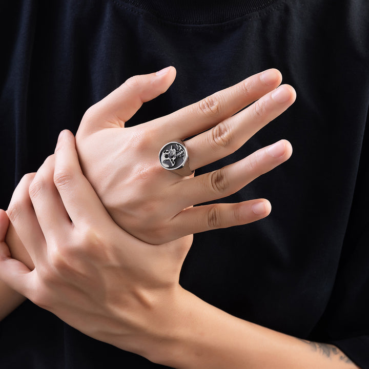 Vintage Embossed Skull & Dagger Round Signet Ring, S925 Silver Antiqued Dark Punk Wide Band For Men