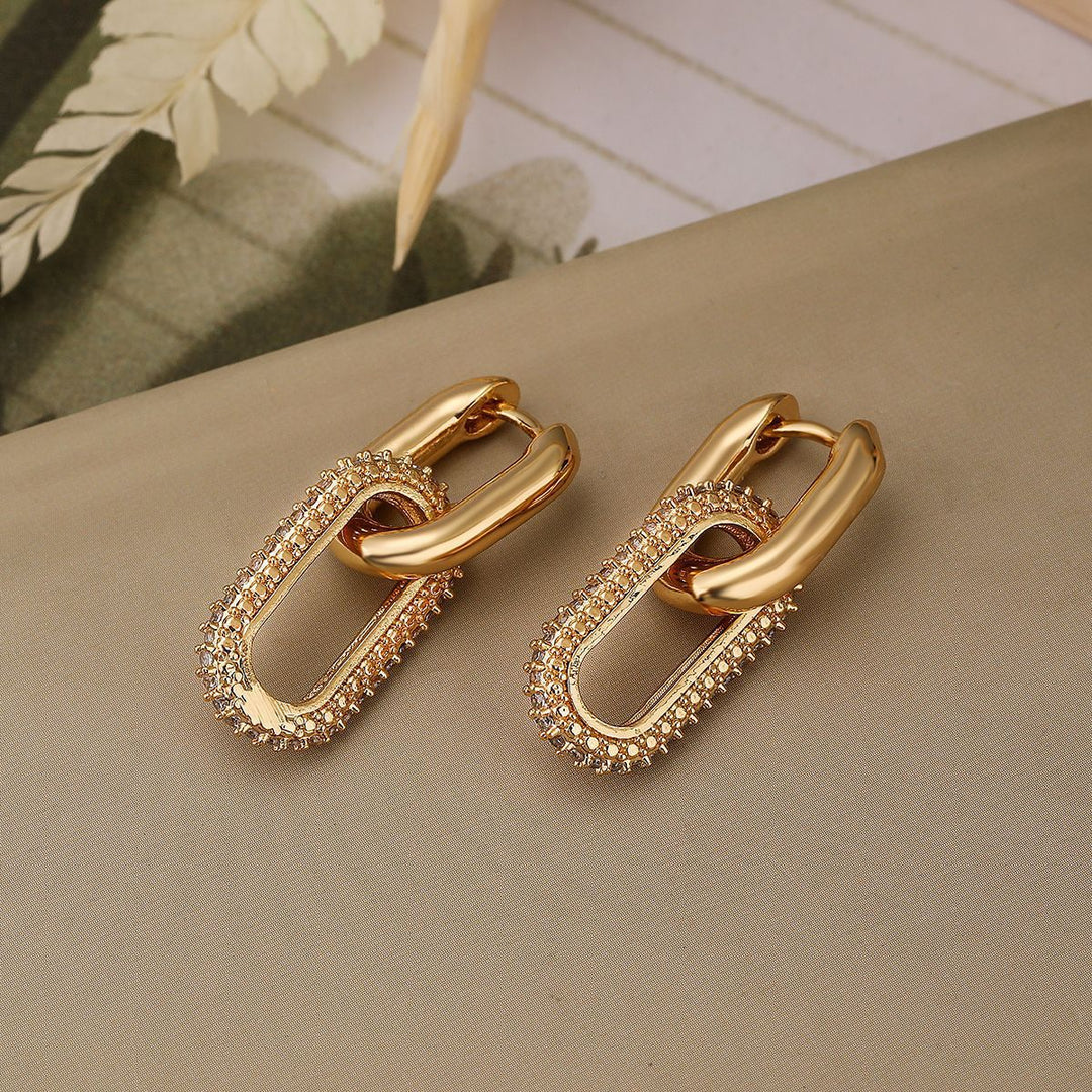 Double Link Paved Diamond Chain Huggie Earrings, Luxury Geometric Long Hollow Earrings, Gold & Silver Two Tones Available