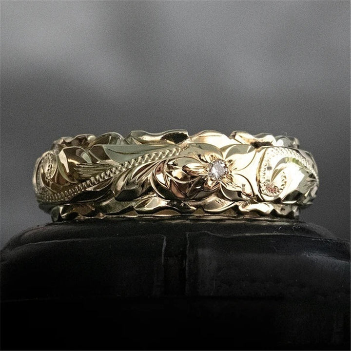 Hawaiian Vintage Hand-Engraved Floral Wide Ring, Gold Rose Gold Silver Retro Embossed Unisex Wedding Band