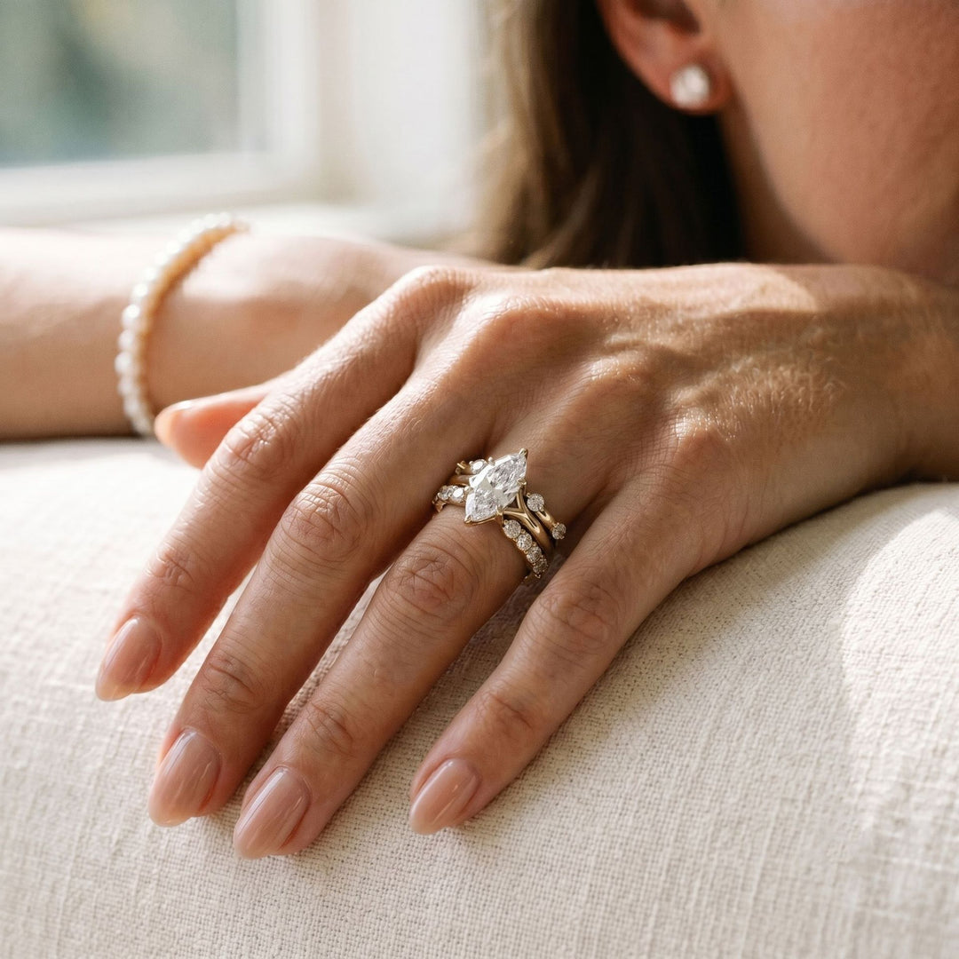 Marquise‑Cut Main Diamond Double Stackable S925 Sterling Silver Ring,2‑Tone Available