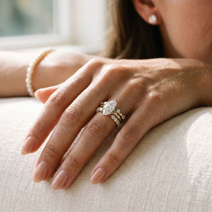 Marquise‑Cut Main Diamond Double Stackable S925 Sterling Silver Ring,2‑Tone Available