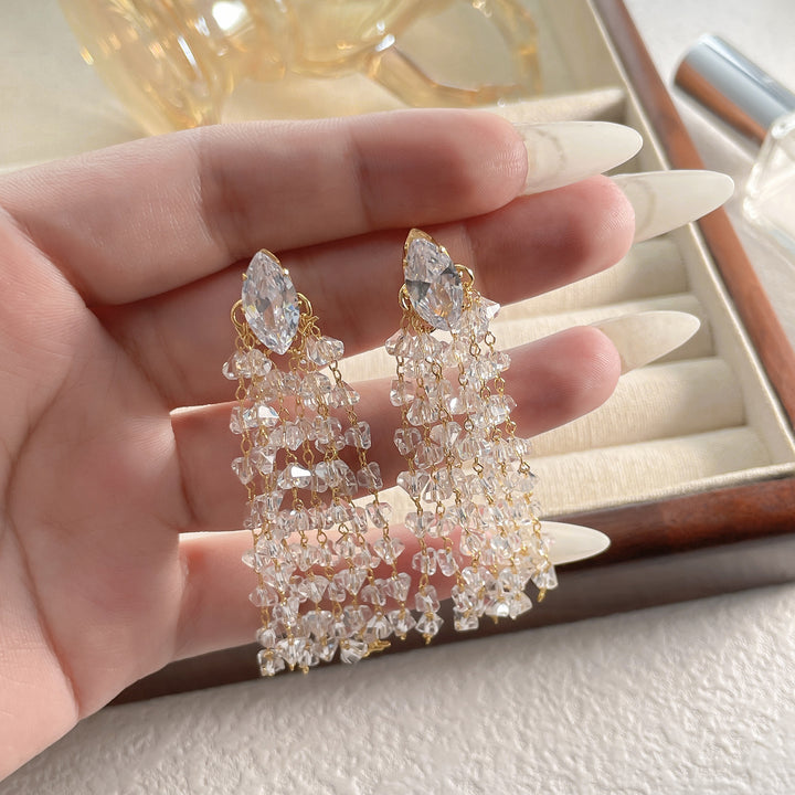 Marquise Diamond Multi-Layer Crystal Tassel Long Drop Earrings, Solid S925 Silver Gold & Silver Two-Tone Heavy Banquet Jewelry