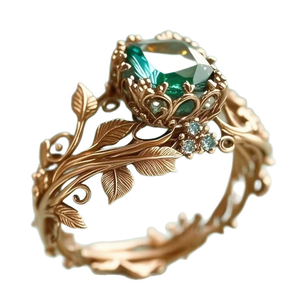 Vintage Forest Vine Emerald Ring, Openwork Leaf Carved Green Gem Band Gold Silver Black Gothic Botanical Statement Jewelry