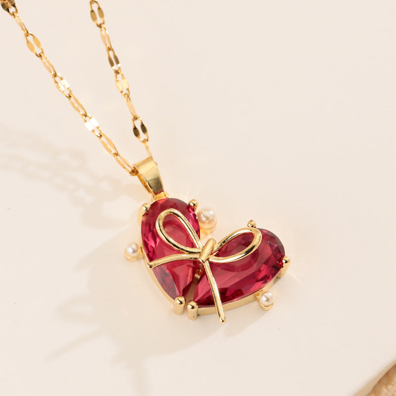 Bow‑Knot Heart Gem Pendant Necklace, 3‑Color Options