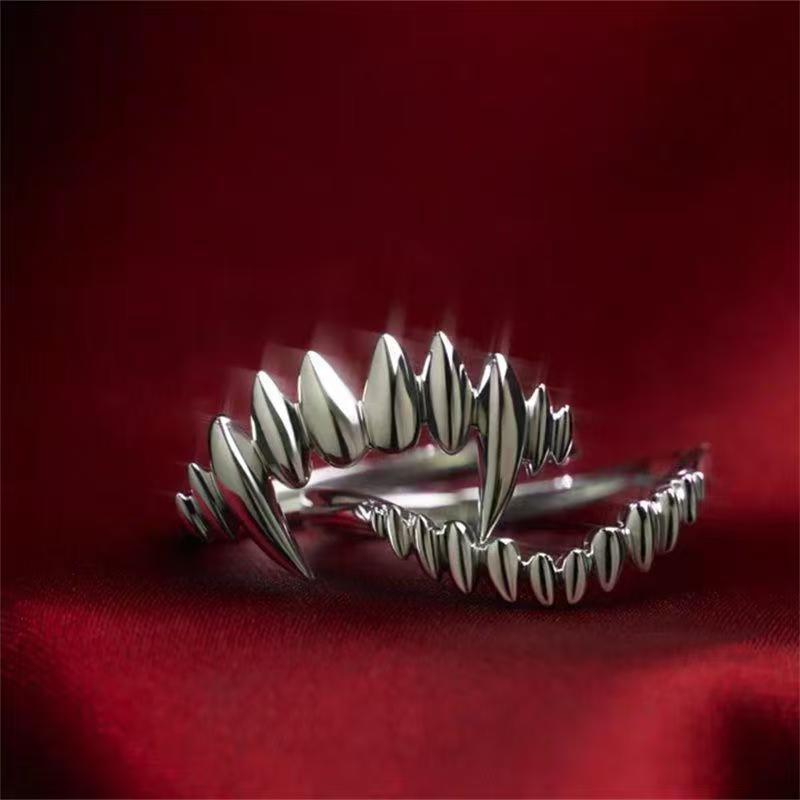 Vintage Vampire Fangs Open Ring, S925 Silver Dark Gothic Adjustable Unisex Band