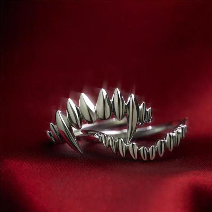 Vintage Vampire Fangs Open Ring, S925 Silver Dark Gothic Adjustable Unisex Band