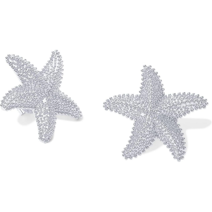 Textured 3D Starfish Stud Earrings, Vintage Granulated Ocean Style Star Jewelry Gold & Silver Vacation Accessories