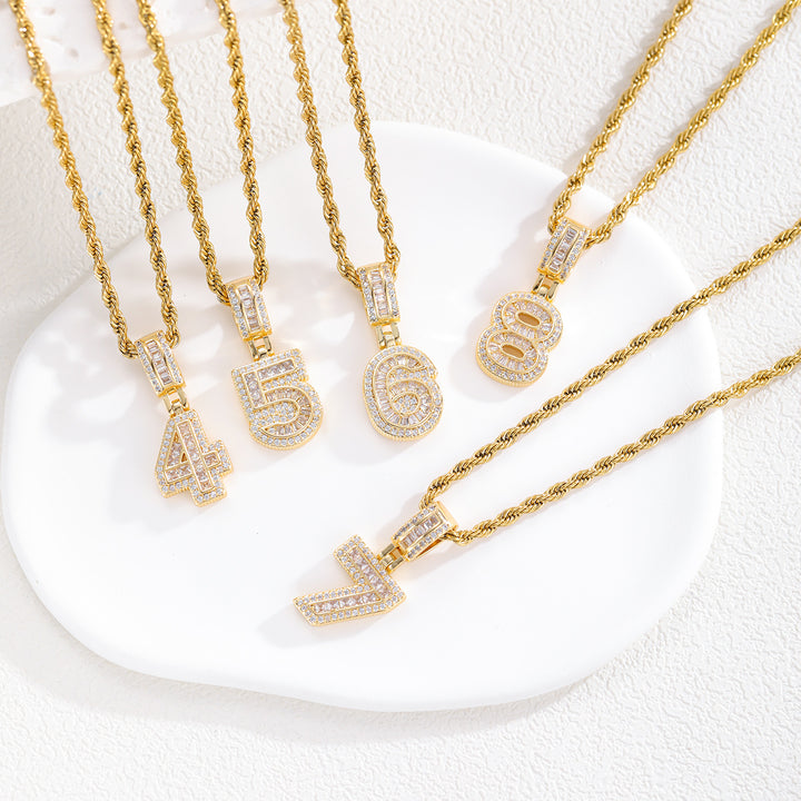 Iced-Out Number Pendant Necklace (Gold Tone Hip-Hop Style Twisted Chain)