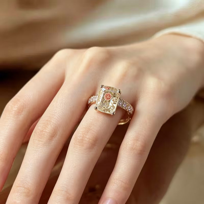 Vintage‑Style Inner‑Carved Rose Square Stone Ring, S925 Silver Elegant Floral Court‑Style Ring