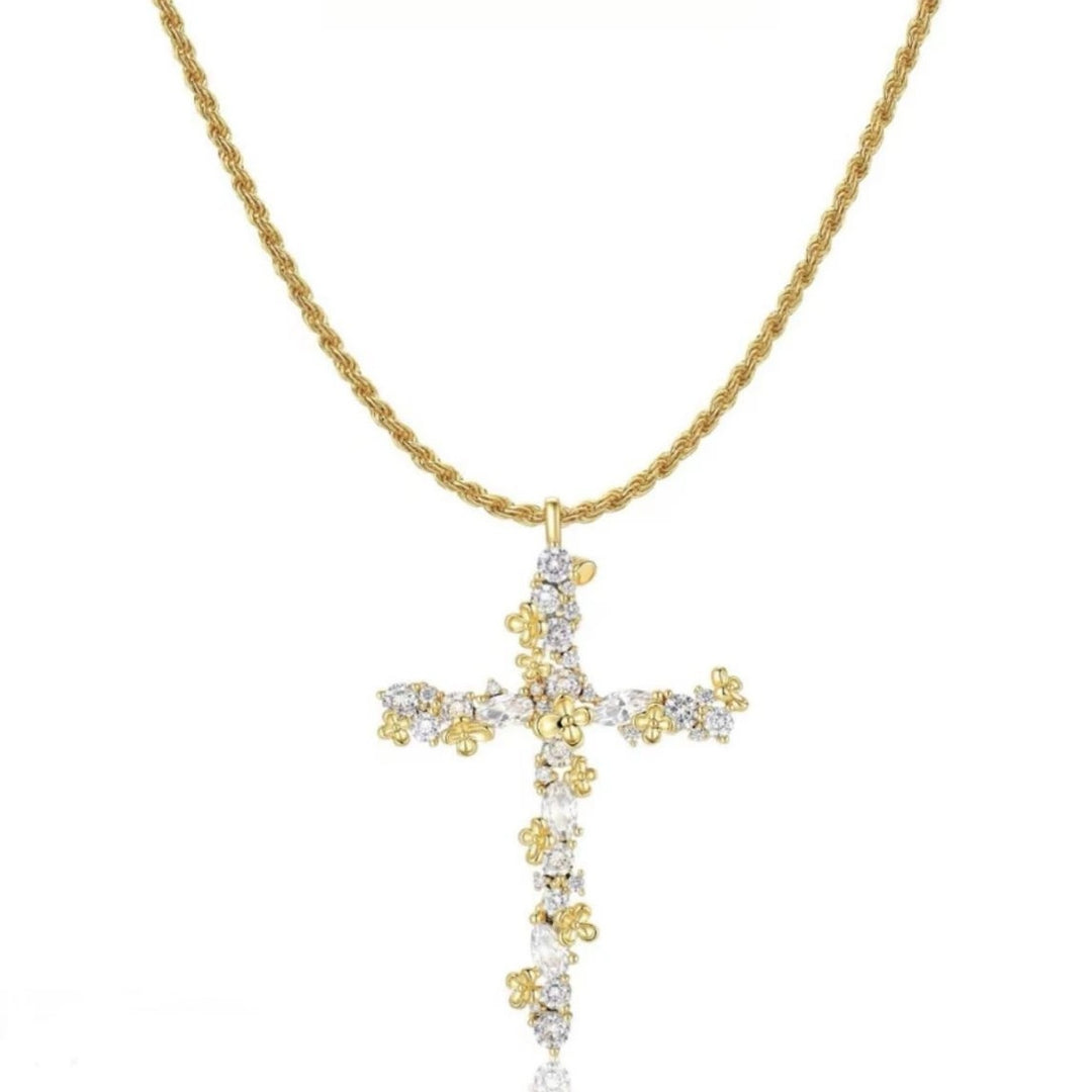 Floral‑Cluster Diamond Cross Pendant Necklace, Gold & Silver‑Tone Options
