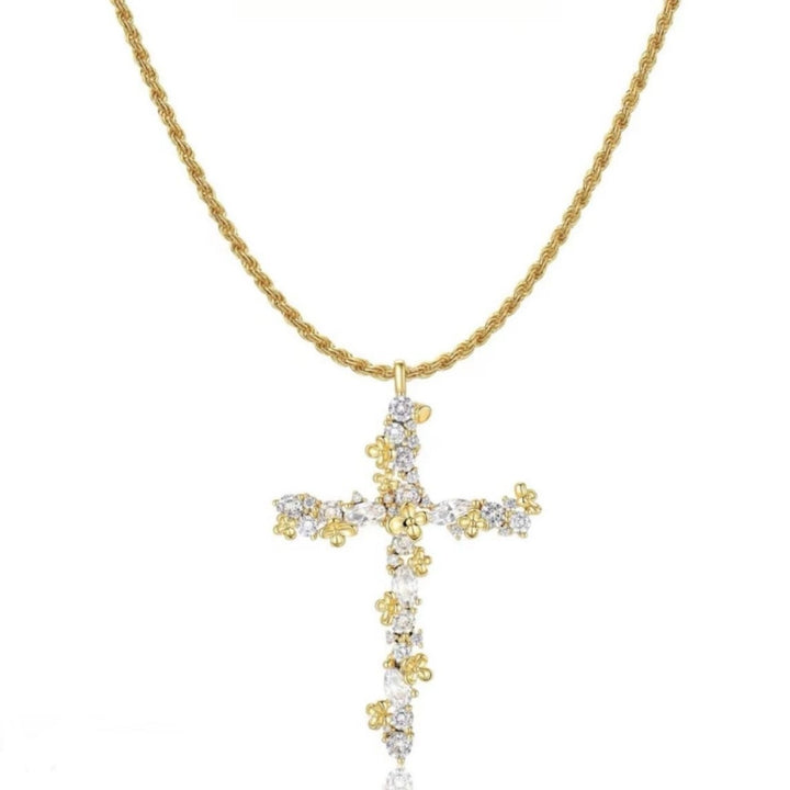 Floral‑Cluster Diamond Cross Pendant Necklace, Gold & Silver‑Tone Options