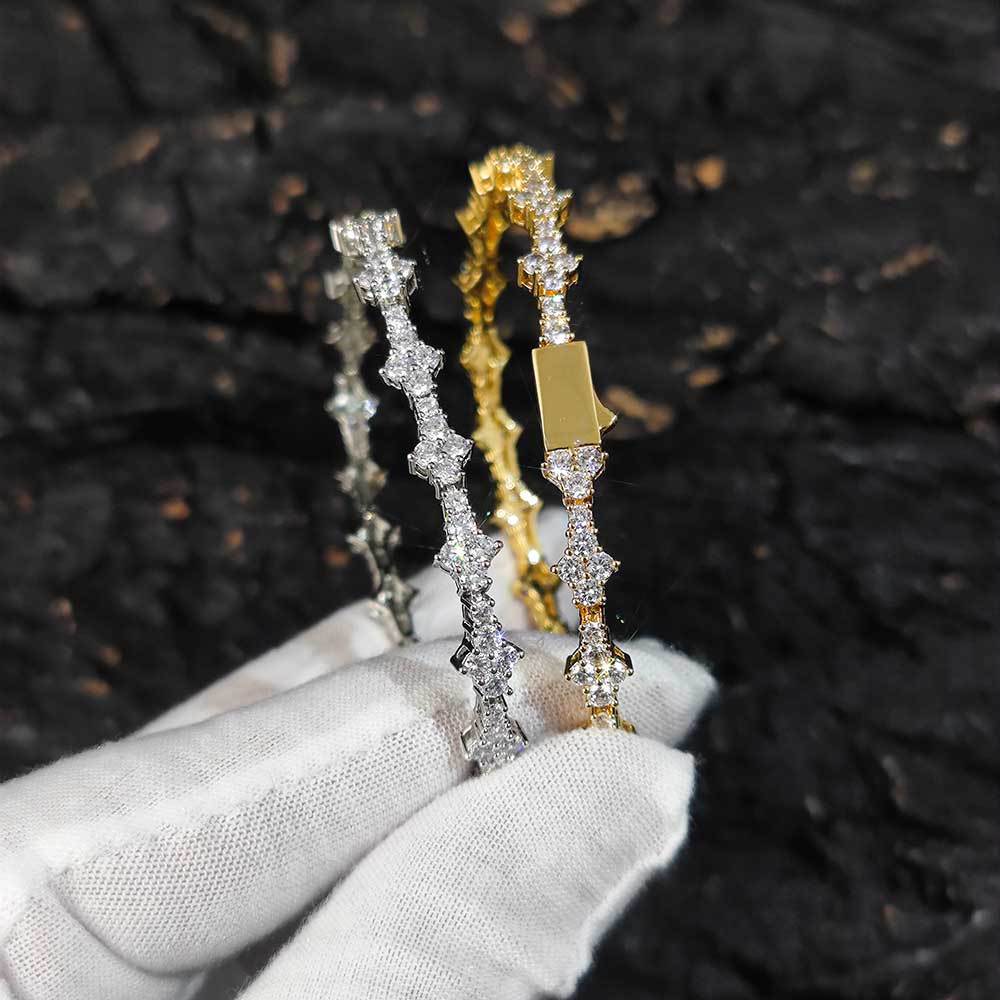 Four-Pointed Star Paved Diamond Tennis Bracelet, Gold & Silver Luxury Full Diamond Elegant Clasp Bracelet for Women