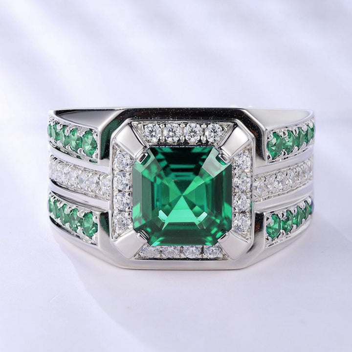Square‑Cut Three‑Row Pave Wide‑Band Men’s Ring, Two‑Color Options