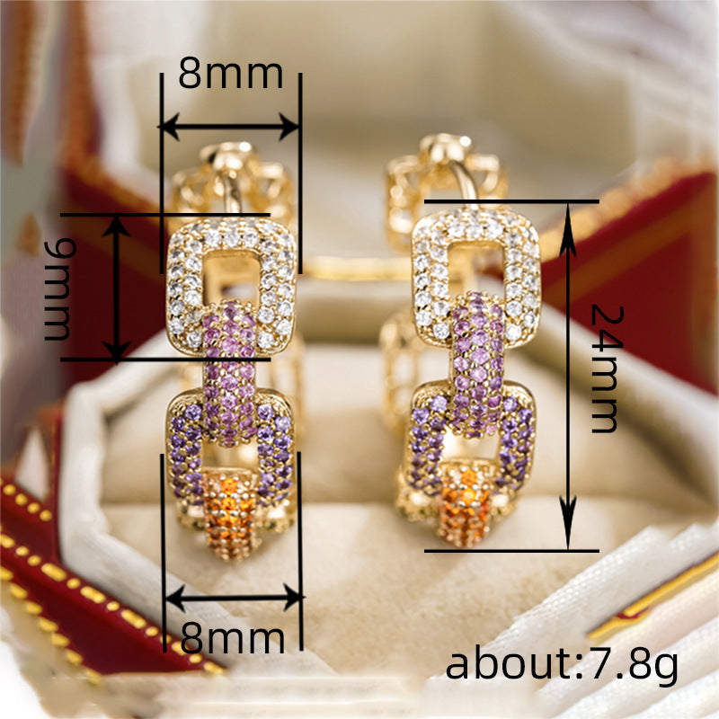 Chunky Chain Color Gradient Paved Hoop Earrings, Hip Hop Geometric Link Luxury Leverback Earrings for Women