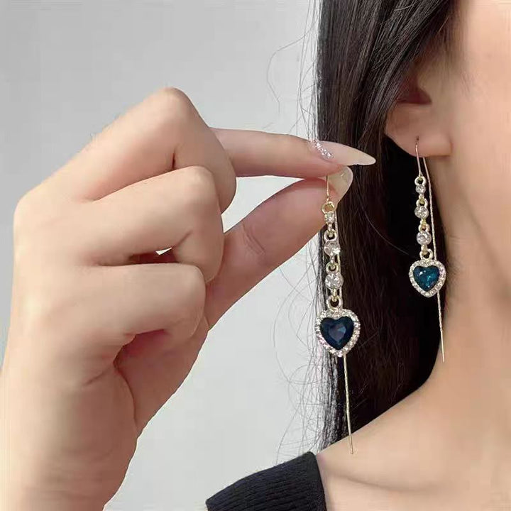 Gradient Blue Heart Diamond Long Threader Earrings, Vintage Dangling Heart Earrings with S925 Silver