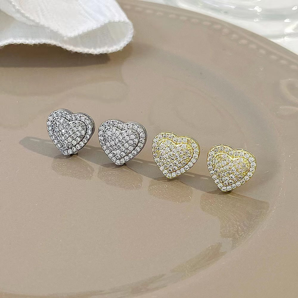Double Heart Pavé Stud Earrings (Light Luxury Niche Sweet Earrings)