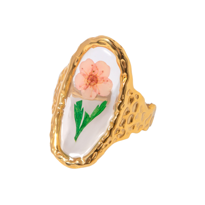 Hammered Frame Oil Painting Open Ring, Pastoral Floral Art Ring