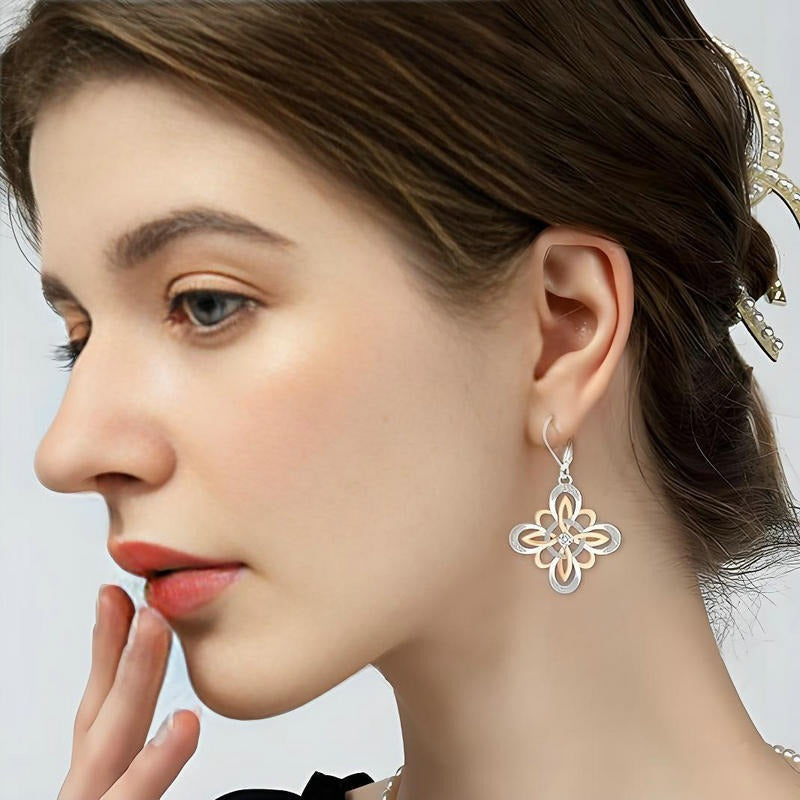S925 Silver Two‑Tone Celtic Knot Flower Drop Earrings, Vintage Open‑Work Leverback Earrings for Women