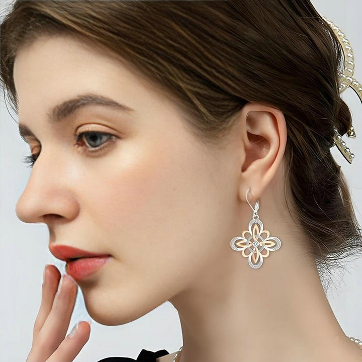S925 Silver Two‑Tone Celtic Knot Flower Drop Earrings, Vintage Open‑Work Leverback Earrings for Women