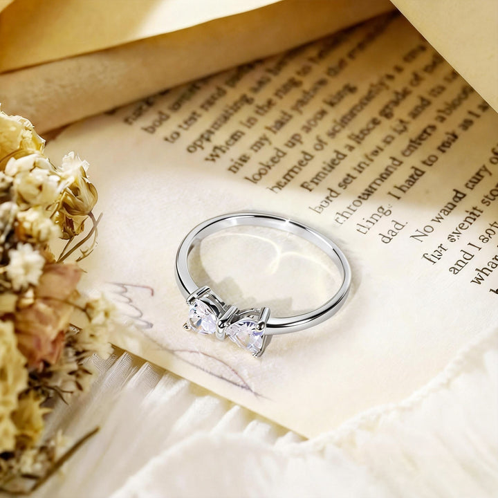Double Heart Bow Diamond Ring (Girly Silver Tone Statement Band)