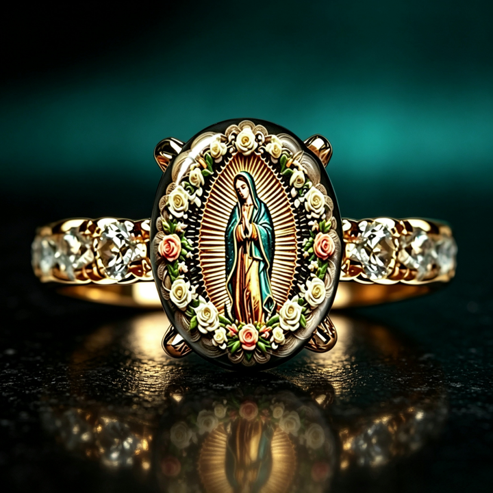 Our Lady of Guadalupe Floral Diamond‑Accented Religious Ring For Women