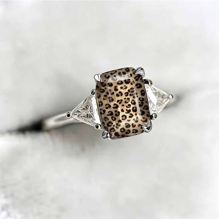 Vintage Leopard Print Rectangle Resin Stone Ring, Solid S925 Silver Gold & Silver Two-Tone Wild Trendy Unique Band