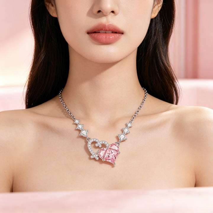 Pink Diamond Heart & Arrow Pendant Necklace (Silver Luxury Women's Chain)