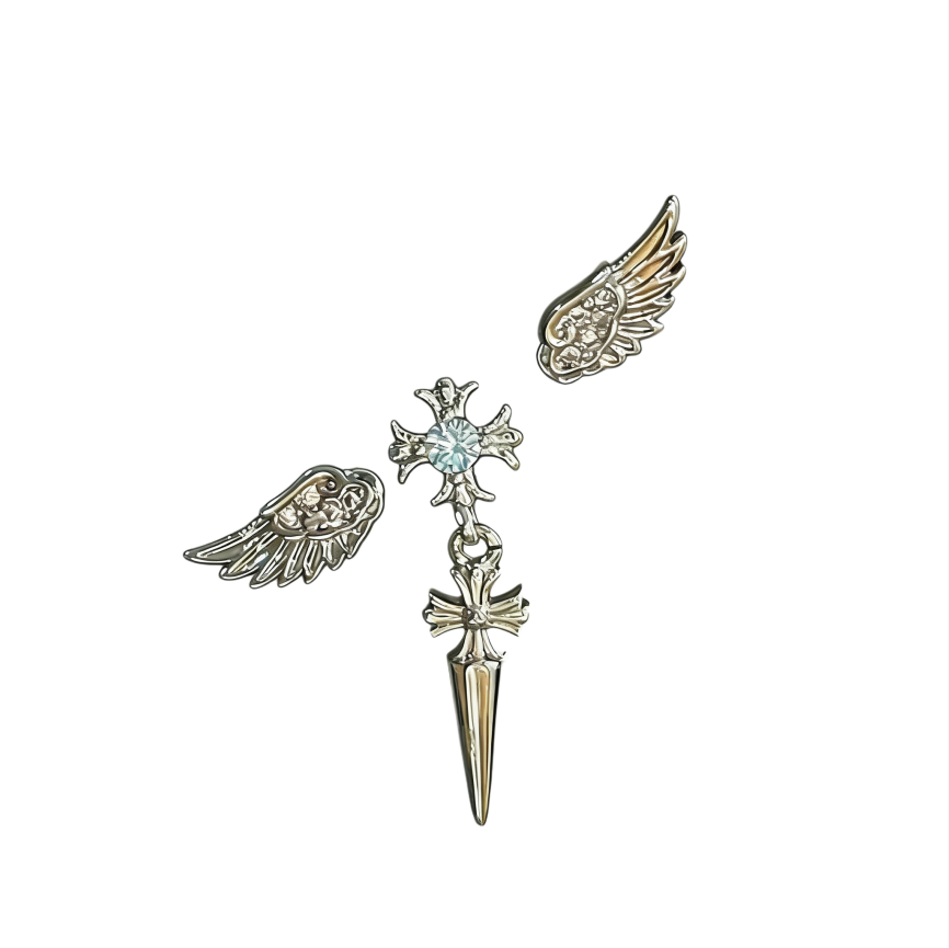 Wings & Cross Dagger Stud Set (Dark Goth Punk Earrings)