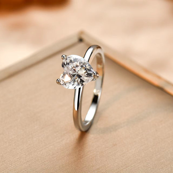 Heart Diamond Three-Prong Solitaire Ring (2 Colors Delicate Engagement Band)