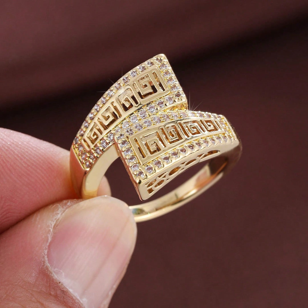 Greek Key Hollow Wrap Ring, Gold Silver Vintage Engraved Damond Wide Band