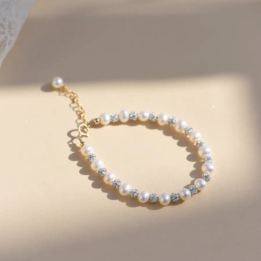 Pearl & Diamond Alternating Dainty Bracelet, Adjustable Light Luxury Wrist Jewelry