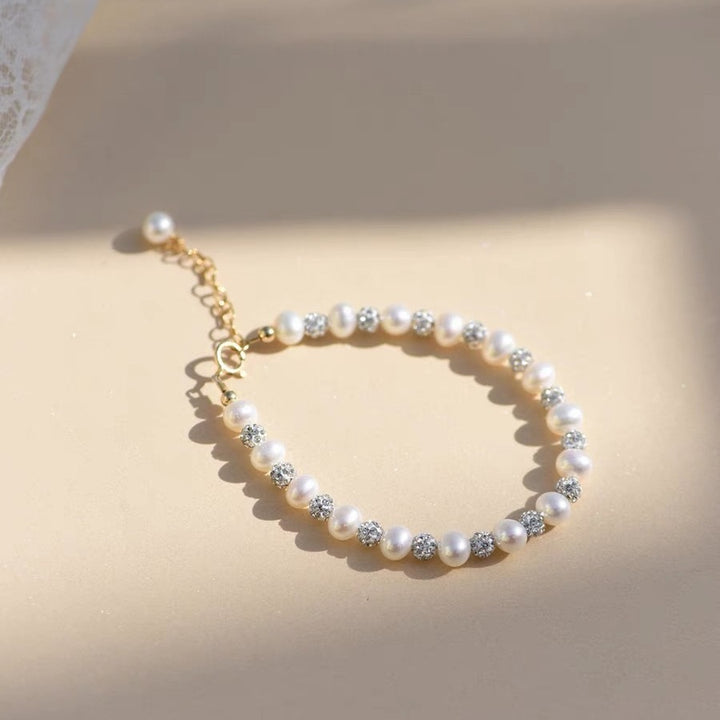 Pearl & Diamond Alternating Dainty Bracelet, Adjustable Light Luxury Wrist Jewelry