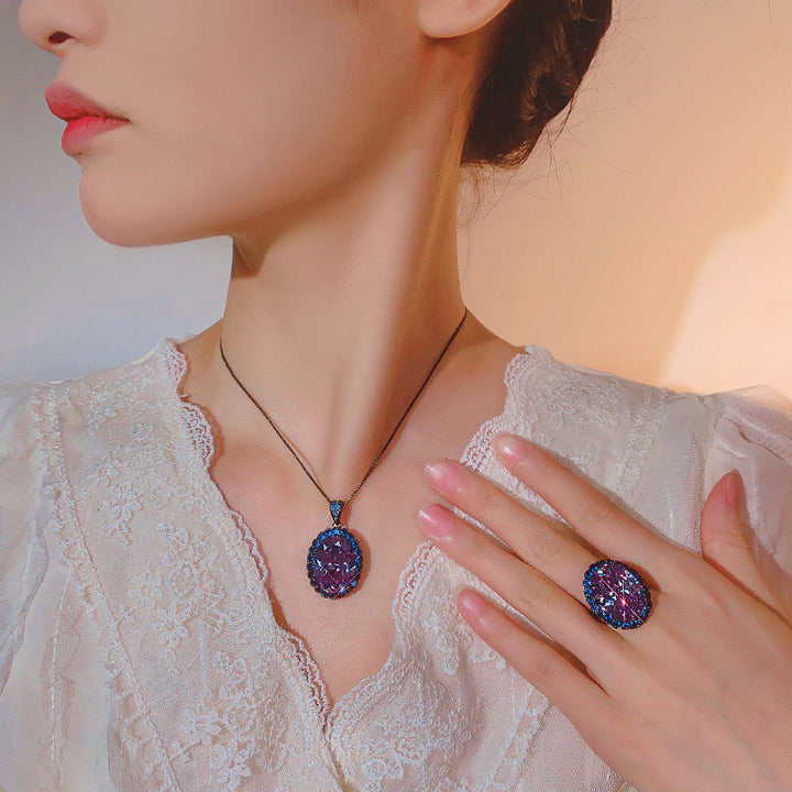 Vintage Gunmetal Plated Gemstone Necklace & Earring Set (Purple/Blue Options)