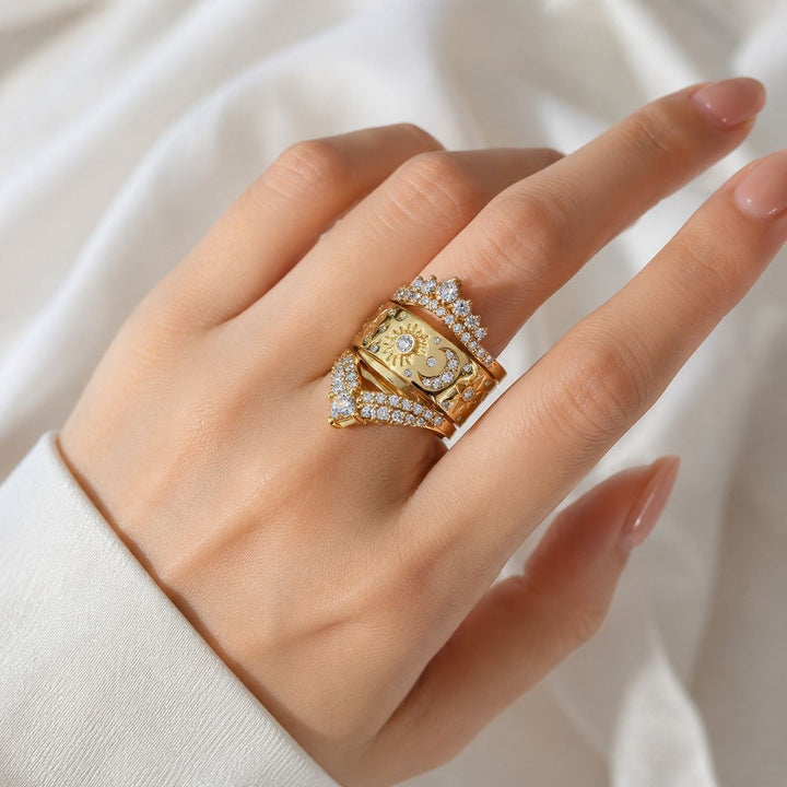 Sun Moon Star 3Pcs Ring Set, Crown V-Shape Vintage Engraved Stacking Bands Gold Silver Bridal Ring Set