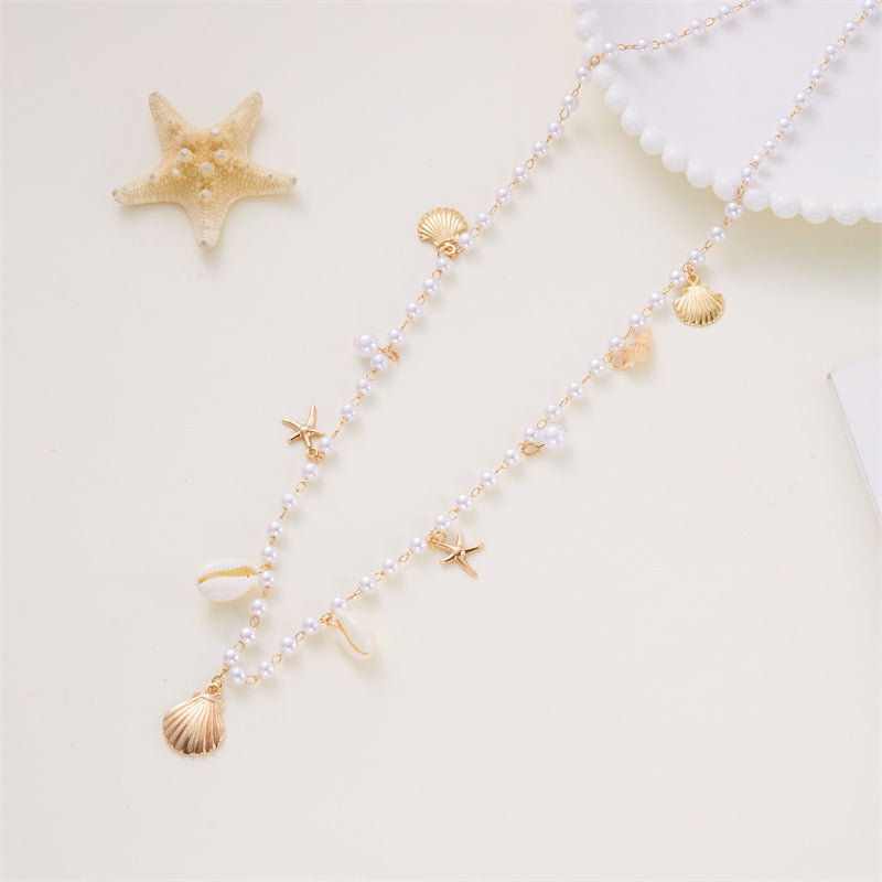 Vacation Style Shell Starfish Pearl Waist Chain, Adjustable Gold Beach Bikini Decor Body Chain