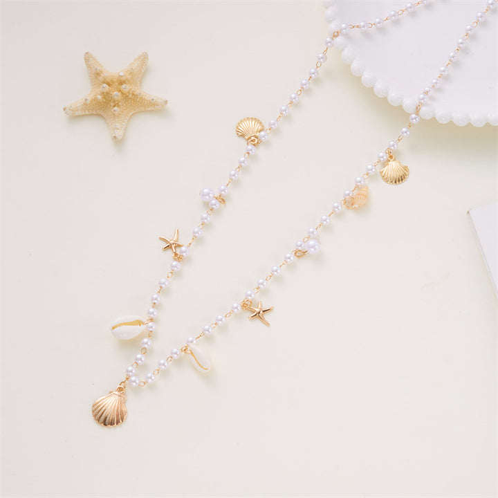 Vacation Style Shell Starfish Pearl Waist Chain, Adjustable Gold Beach Bikini Decor Body Chain