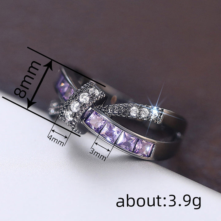 Twisted Cross Purple Crystal Black Gold Ring, Vintage Gunmetal Intertwined Ribbon Band Women Dark Luxury Jewelry